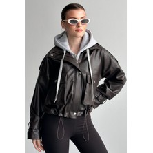 Moda Armanc Kadın Kapüşonlu Kahverengi Deri Ceket Oversize Crop Hoodie Detaylı Kol Kemerli
