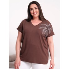 Arzu Has Butik Büyük Beden V Yaka Taş Detaylı Viskon Bluz