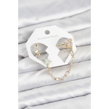 Uravas Store Yıldız Model Pirinç Gold Renk Zincir Bağlantılı Ear Cuff Küpe Seti