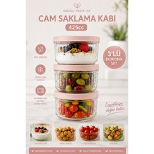 Zuri Design 3'lü Cam Saklama Kabı Kapaklı Şeffaf Cam Kavanoz Mutfak ve Buzdolabı Kullanımı Pudra 425 cc