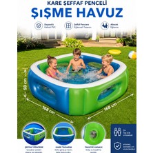 LRS Store Büyük Boy 168X168X58 cm Kare Havuz Şeffaf Pencereli Şişme Çocuk Bebek Aile Havuzu Kalın Pvc Best Way