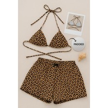 Bemy Store Kadın Leopar Desenli Şortlu Belden ve Boyundan Bağlamalı Bikini Takımı