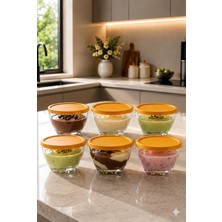 Zuri Design 6’lı Puding Kasesi Seti Sarı Kapaklı Cam Tatlı ve Muhallebi Kasesi 280 cc