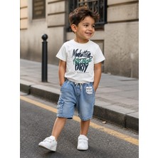 Bubiee Baby Erkek Çocuk Beyaz Mavi Manhattan Baskılı T-Shirt ve Kargo Cepli Kot Şort Alt Üst Takım
