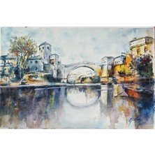 Muguetarts %100 El Yapımı Suluboya Mostar Köprüsü Manzara Resim 55X37 cm Çerçevesiz