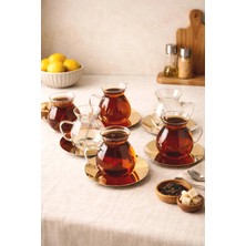 Kitchen Life 18 Parça Metal Altlıklı Cam Kaşıklı Keyf-I Ala Çay Bardağı Seti 200 ml
