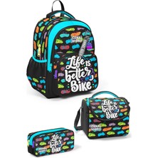 Coral High Kids Siyah Renkli Bisiklet Desenli 3'lü Okul Çanta Seti SET0133243