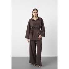 Basic Park Kahverengi Kadın Ipeksi Dokulu Tencel Yarım Fermuarlı Rahat Kesim Takım