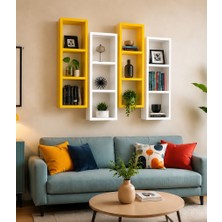 Duvar Rafı Kitaplık Modern 4 Lü Takım Mobilya Sarı Beyaz