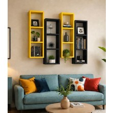 Duvar Rafı Kitaplık Modern 4 Lü Takım Mobilya Sarı Siyah