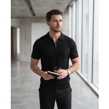 Sunmax Erkek Polo Yaka Fermuarlı Şerit Desenli Triko T-Shirt