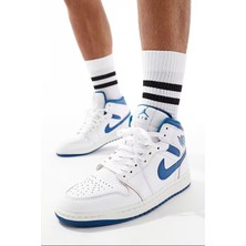 Nike Air Jordan 1 Mid Special Edition Leather Unisex Sneaker Hakiki Deri Bilekli  Günlük Spor Ayakkabı Beyaz