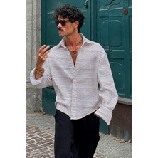Tarz Cool Erkek Keten Karışımlı Oversize Çizgili Gömlek Çizgili Rahat Kalıp Yazlık Uzun Kollu Gömlek