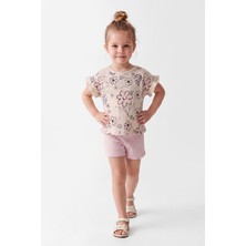 Joy Kids Kız Çocuk Oversize Kalıp Kolları Fırfırlı Penye Günlük Takım (2-5yaş) (Bej-Pembe)