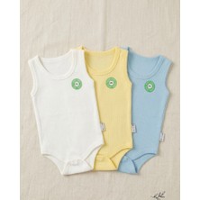 GezegenX 3"lü Renkli Fitilli Bebek Body Zıbın Pamuk Sarı Beyaz Mavi