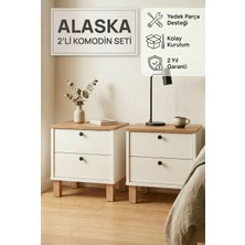 Robin Home Alaska Komodin 2'li Komodin Seti Çekmeceli Ahşap Ayaklı Sepet-Beyaz