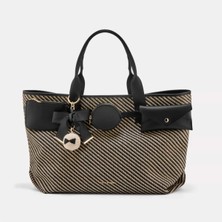 Black Ribbon Vera Büyük Boy Kadın Omuz Çantası - Maxi Tote Bag Siyah Çizgili