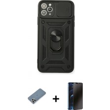 Marsilyan™- iPhone 11 Pro Max Kılıf Ahenk Klasik - Siyah 3D Antistatik Hayalet Cam Ekran Koruyucu + Metal Kamera Lens Koruma Cam - Gs
