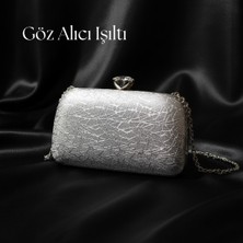 Dilorans Dilora Kadın Dokulu Abiye Çanta Clutch Portföy Zincir Askılı Kristal Taş Kilitli Düğün Nişan Gece Davet Çantası