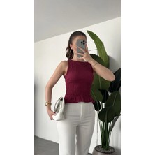 Asfa Moda Kadın Bordo Gipeli Kolsuz Bluz Bisiklet Yaka Esnek Fit Yazlık Crop Bluz