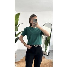 Asfa Moda Kadn Koyu Yeşil Bisiklet Yaka Kısa Kollu Full Likralı Esnek Bluz Body