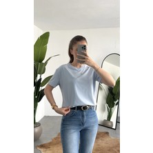 Asfa Moda Kadn Bebe Mavisi Bisiklet Yaka Kısa Kollu Full Likralı Esnek Bluz Body