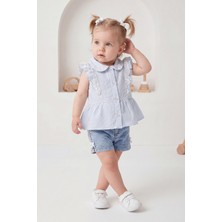 Joy Kids Kız Bebek Çizgili Gömlek Kot Şort Delüx Takım (9-24AY) (Mavi)