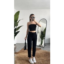 Asfa Moda Kadın Siyah Yüksek Bel Mom Jean Pantolon Rahat Kalıp Günlük Denim