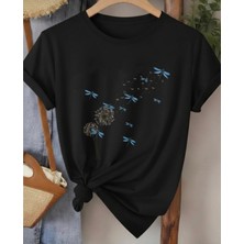 Nigrum Pardus Nıgrum Pardus Yeni Sezon Uçuşan Yusufçuklar Baskılı %100 Pamuk Büyük Beden Kadın T-Shirt