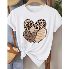 Nigrum Pardus Nıgrum Pardus Yeni Sezon Üç Leopar Kalp Baskılı %100 Pamuk Büyük Beden Kadın T-Shirt