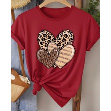 Nigrum Pardus Nıgrum Pardus Yeni Sezon Üç Leopar Kalp Baskılı %100 Pamuk Büyük Beden Kadın T-Shirt