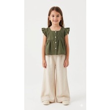 HaanBebe Kız Çocuk Pure Linen Doğal Keten Takım - Fırfırlı Peplum Bluz ve Geniş Paça Pantolon Seti
