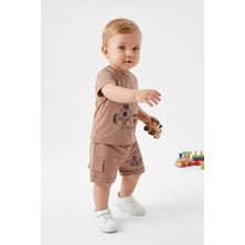 Joy Kids Erkek Bebek Ahşap Düğmeli Kargo Cepli Takım (9-24AY) (Kahverengi)