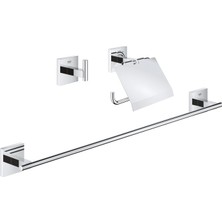 Grohe Start Cube Quickfix Üçlü Banyo Aksesuar Seti | Uzun Havluluk (558MM), Tuvalet Kağıtlığı(Kapakl