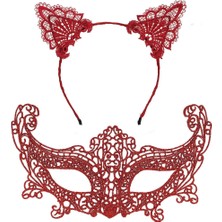 Svoria Store Mey Ithalat® Romantik Kırmızı Dantel Maske Seti – Kedi Kulaklı Taç ve Maske 3 No