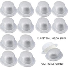 Mey Ithalat® Gümüş Renk Simli Melon Yuvarlak Parti Şapkası 12 Adet