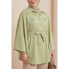 Moda Morfo Önü Çiçek Detaylı Beli Bağcıklı Düğmeli Panço -Çağla Y.