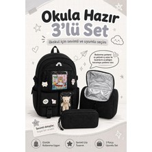 Alanç Gift Kore Tarzı Aksesuarlı 3'lü Set Kız Çocuk İlkokul Çantası Termal Beslenme Çantası ve Kalemlik