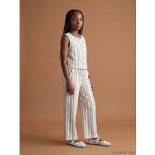 LC Waikiki Lcw Kids Ekru Çizgili Kız Çocuk Keten Karışımlı Pantolon