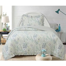 Lal Home Deco Flowers Tek Kişilik Yatak Örtüsü Seti 180X240CM - Volanlı Yastıklı %100 Polyester Modern Mavi Beyaz