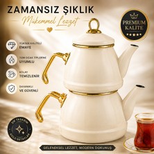 Kitchen Line Şık Tasarımlı Gold Detaylı Gri Renk Emaye Çaydanlık Takımı