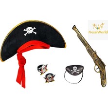 Mey Ithalat® Korsan Şapkası + Tabanca + Maske + 2 Adet Yüzük Kostüm Seti Çocuk
