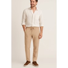 Aclassics Erkek Bej Beli Lastikli Bağcıklı Keten Spor Jogger Pantolon