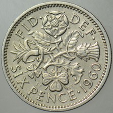 Banknoting Birleşik Krallık 6 Pence 1960 Az Çıkan Tarih. Kraliçe Iı. Elizabeth Ingiltere. 19,5 Mm.