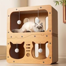 Ahşap Iki Katlı Tırmalamalı Kedi Oyun Evi
