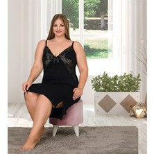 Aria's Closet Arias Closet Büyük Beden Şık Tasarım Dantel Işlemeli Siyah Lüx Gecelik