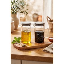 Evsane Borosilikat 2\'li Cam Yağlık ve Sirkelik Seti 350 ml - Ölçü Çizgili - Çelik Kapak