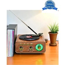 Uravas Store Nostaljik Tasarım Plak Çalar Görünümlü Ralu Bluetooth Hoparlör Retro Müzik Plak Açık Kahverengi