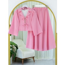 Moda Morfo Önü Bağlamalı Etekli Krinkıl Takım   -Pembe