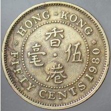 Banknoting Hong Kong 50 Cent 1980 Ingiltere Hakimiyeti Kraliçe Iı. Elizabeth 22,5 Mm.